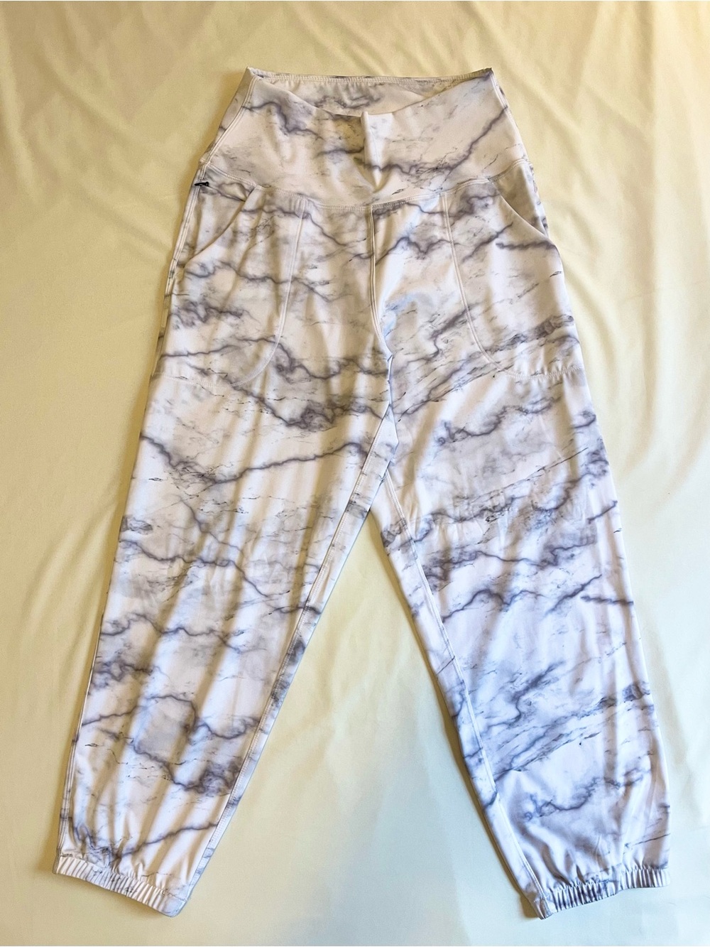 White & Gray Marble Print High Waist Cropped Joggers